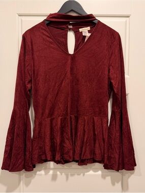 Peplum V-Neck Tunic with Choker Detail - Burgundy